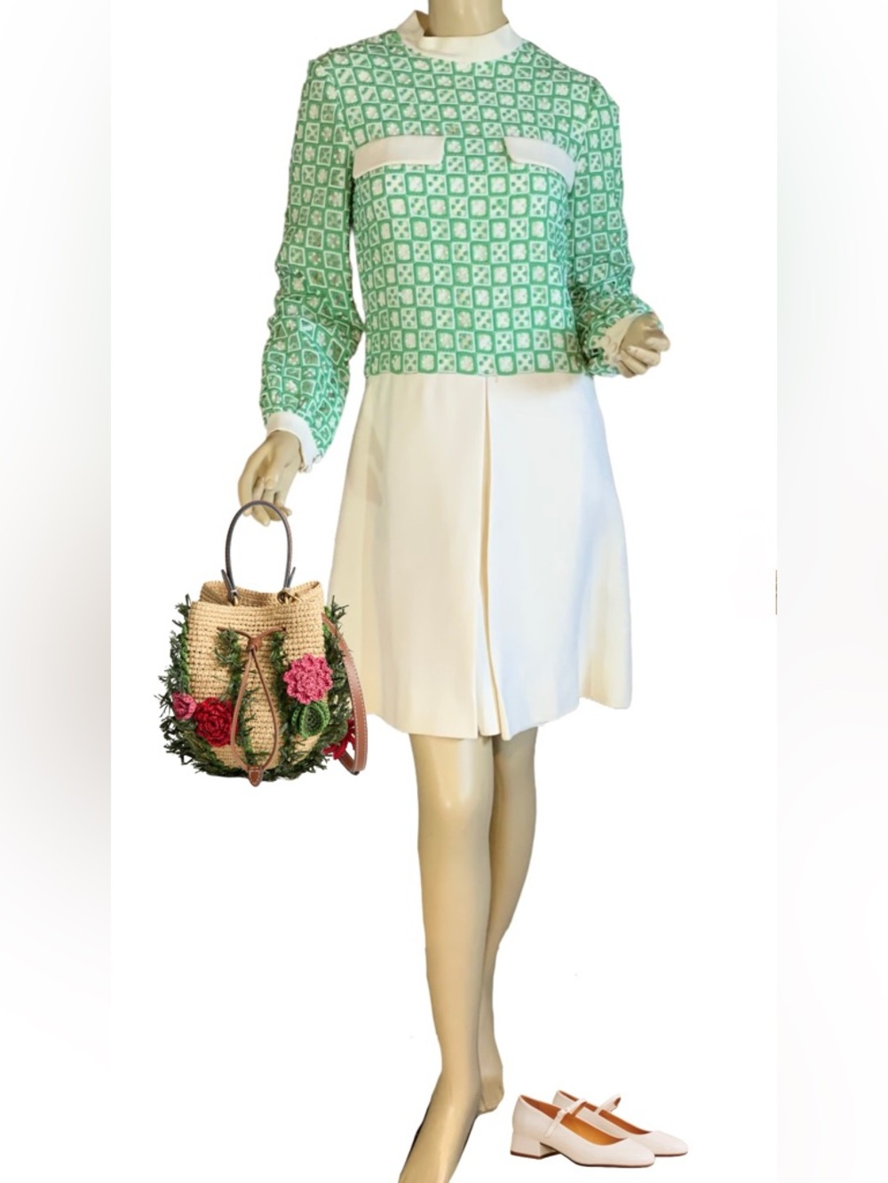 VINTAGE 1960'S GUY LAROCHE BOUTIQUE GREEN & CREAM DROP WAIST DRESS (M)